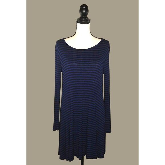 Love Fire Blue and Black Striped Rib Knit Dress Size Large - Picture 1 of 5